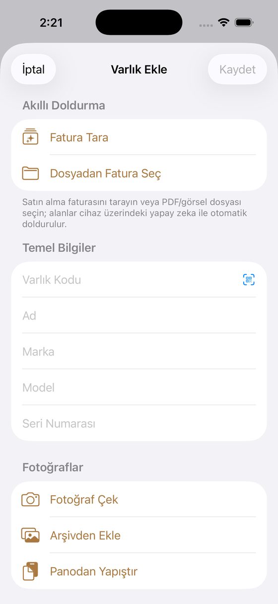 HG Asset Manager - Varlık ekleme ve akıllı doldurma